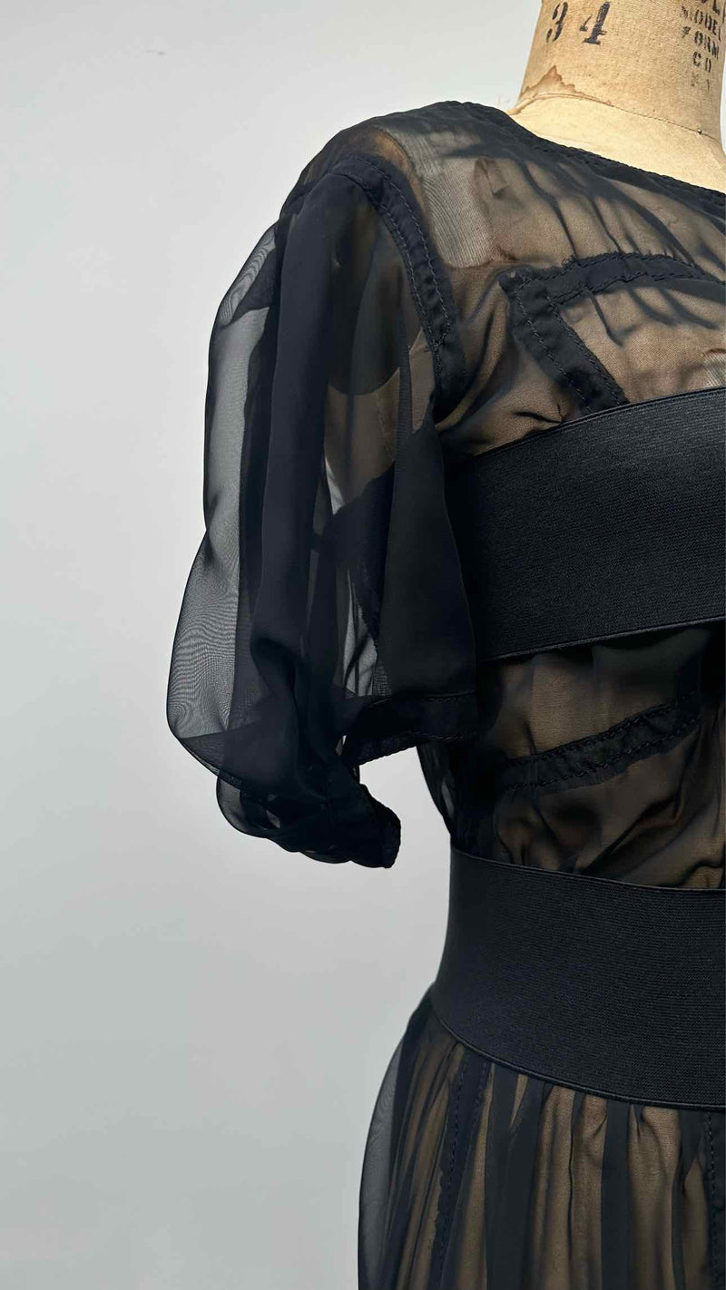 Comme Des Garcons S/S Square-Neck Puff-Sleeve Sheer Belted Dress