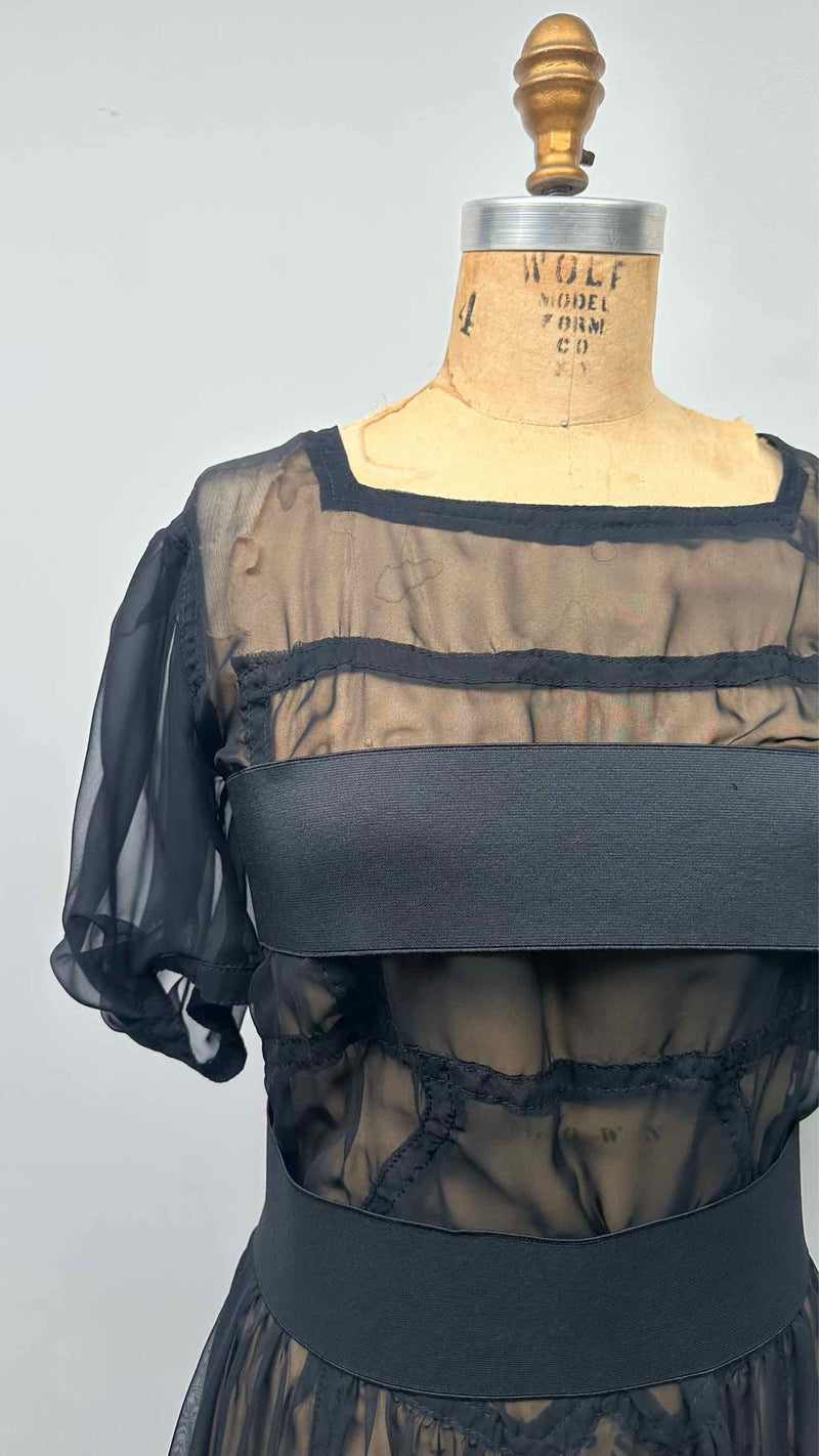 Comme Des Garcons S/S Square-Neck Puff-Sleeve Sheer Belted Dress