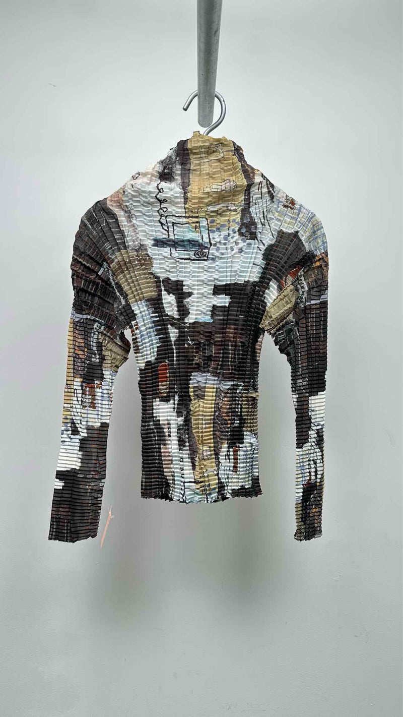 Issey Miyake L/S High-neck Printed Stretch-pleated Top