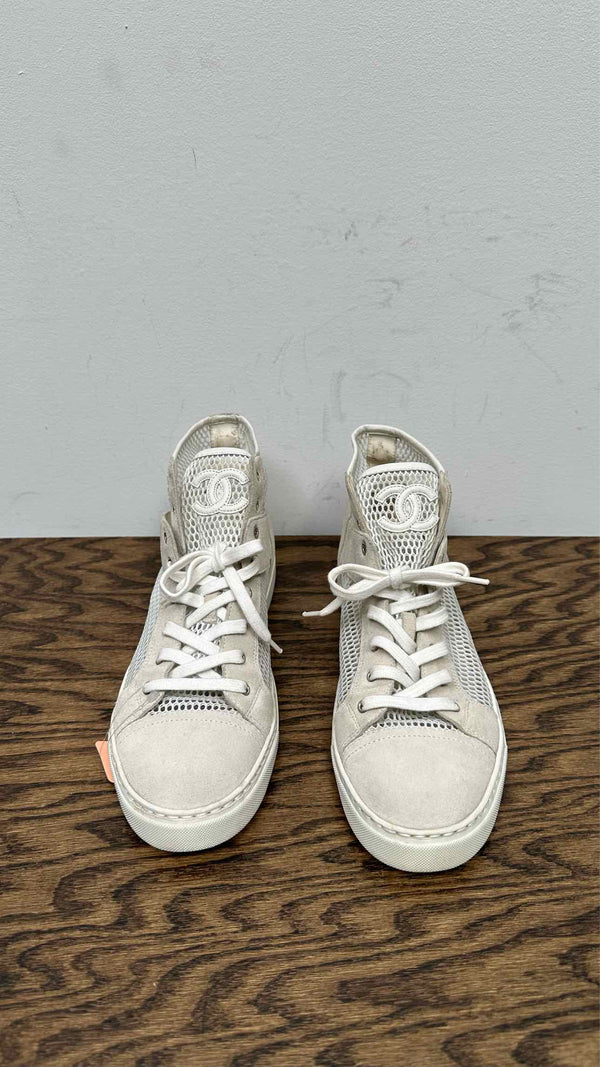Chanel CC Logo Suede Mesh High-Top Sneakers