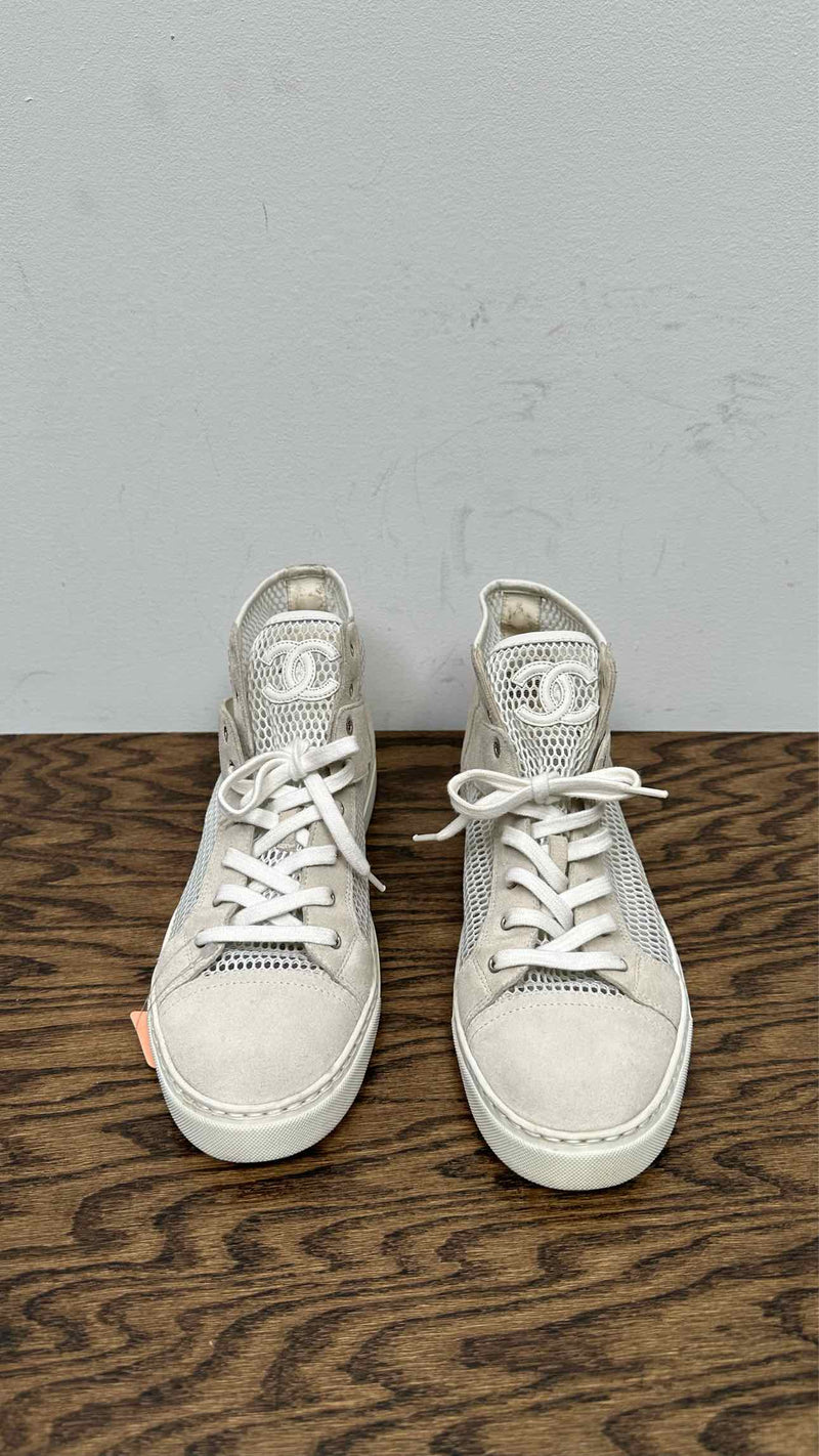 Chanel CC Logo Suede Mesh High-Top Sneakers