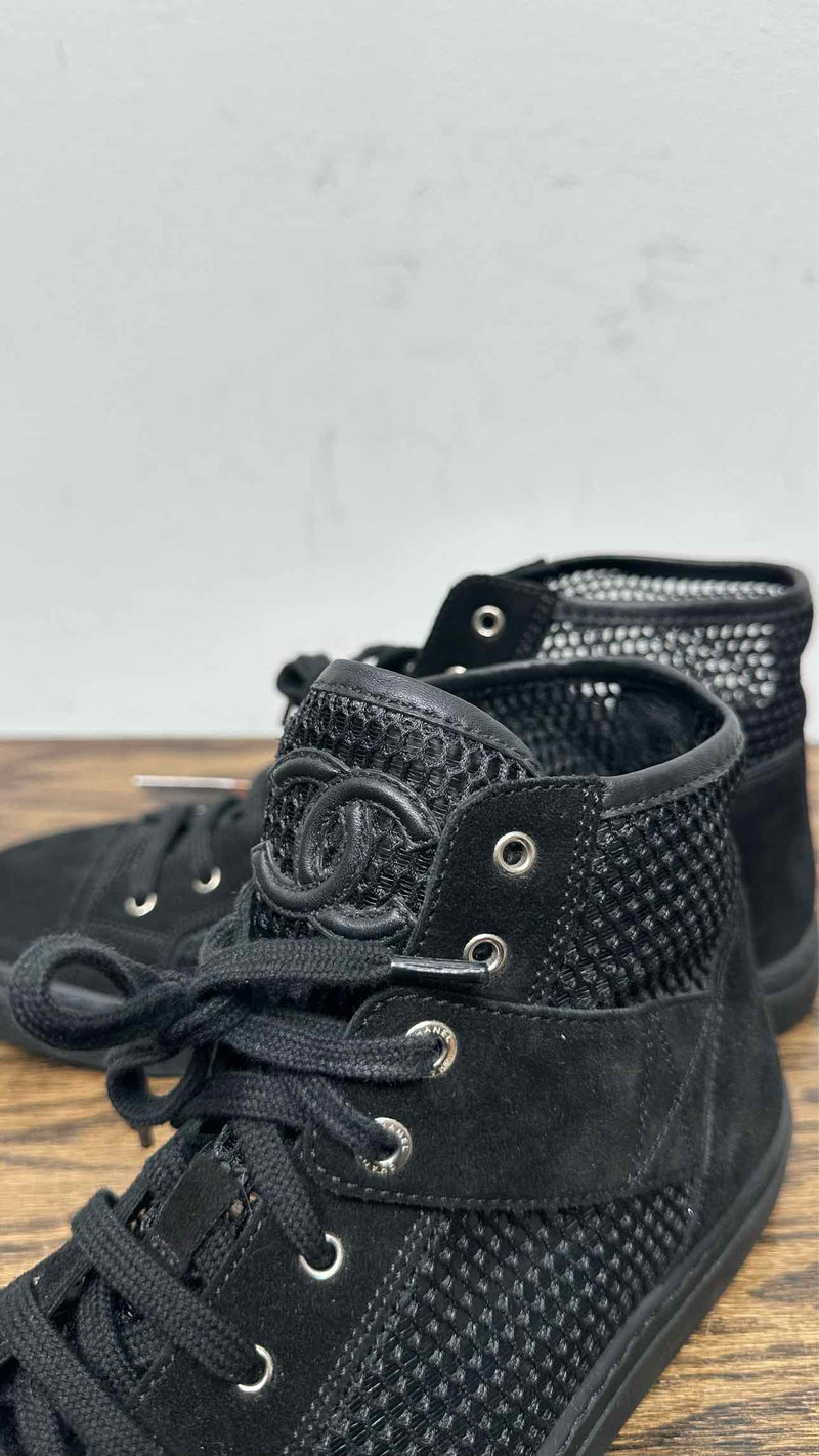 Chanel CC Logo Suede Mesh High-Top Sneakers