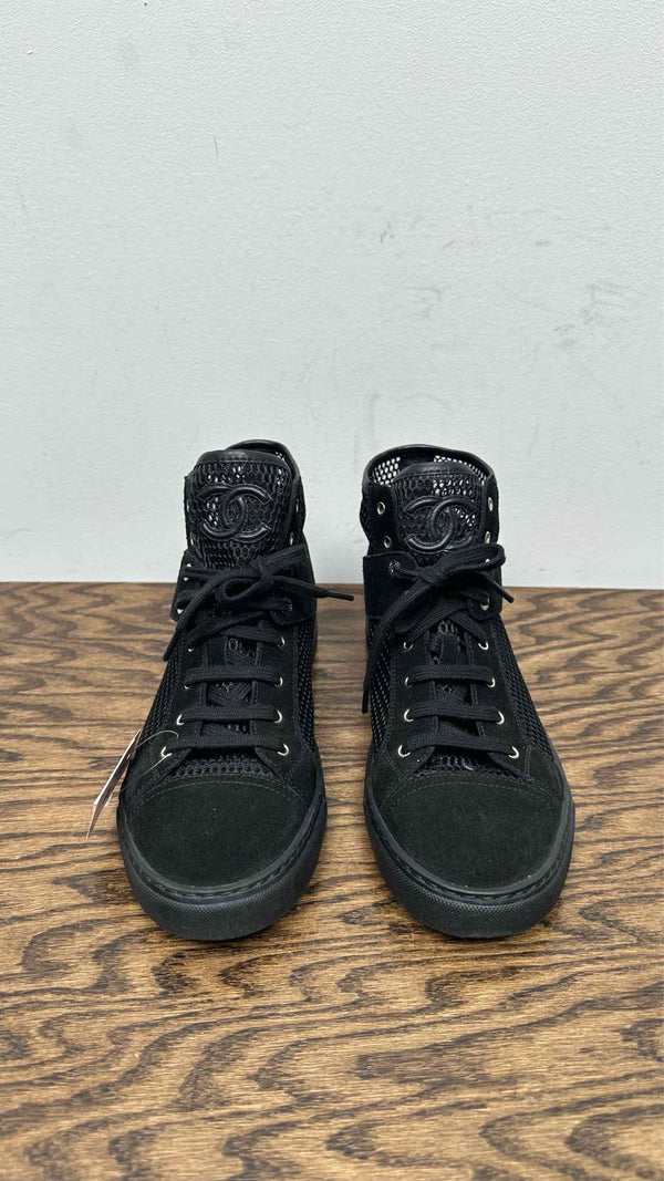 Chanel CC Logo Suede Mesh High-Top Sneakers
