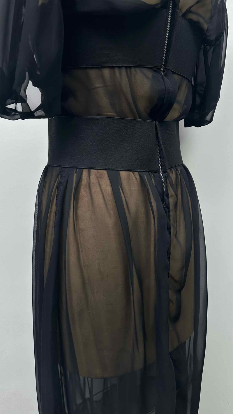 Comme Des Garcons S/S Square-Neck Puff-Sleeve Sheer Belted Dress