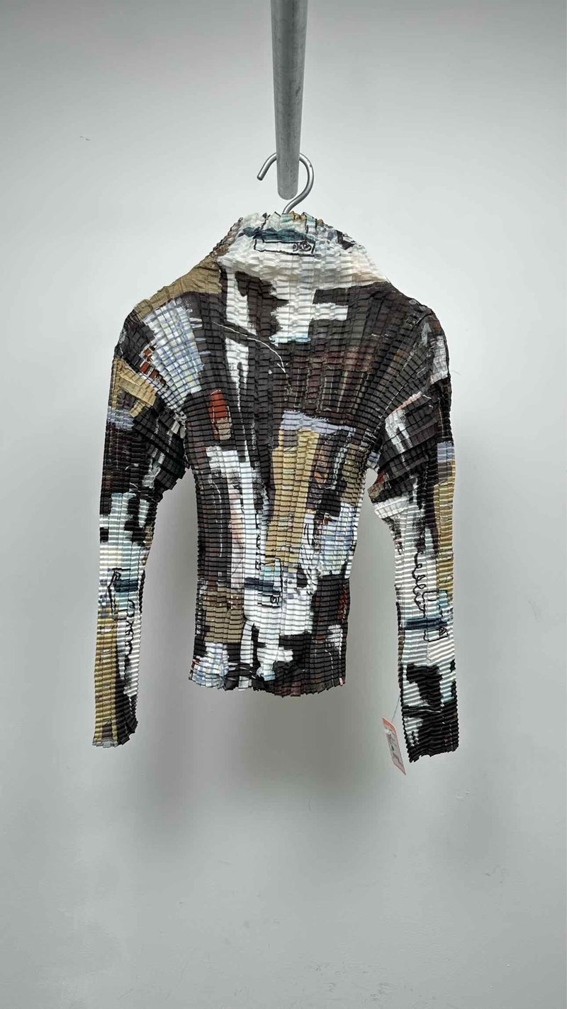 Issey Miyake L/S High-neck Printed Stretch-pleated Top