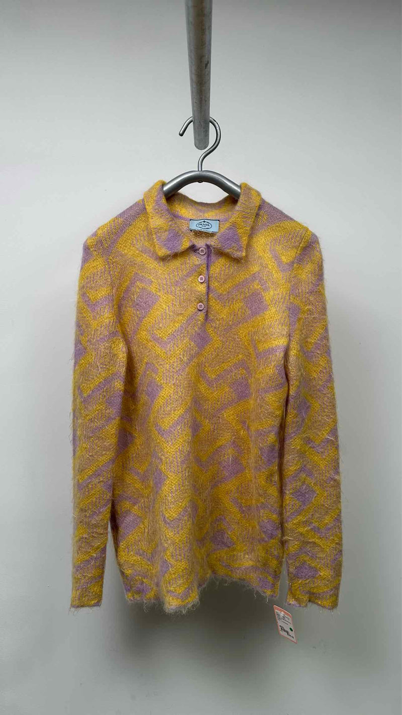 PRADA Geometric Mohair Oversized Knit Polo Sweater