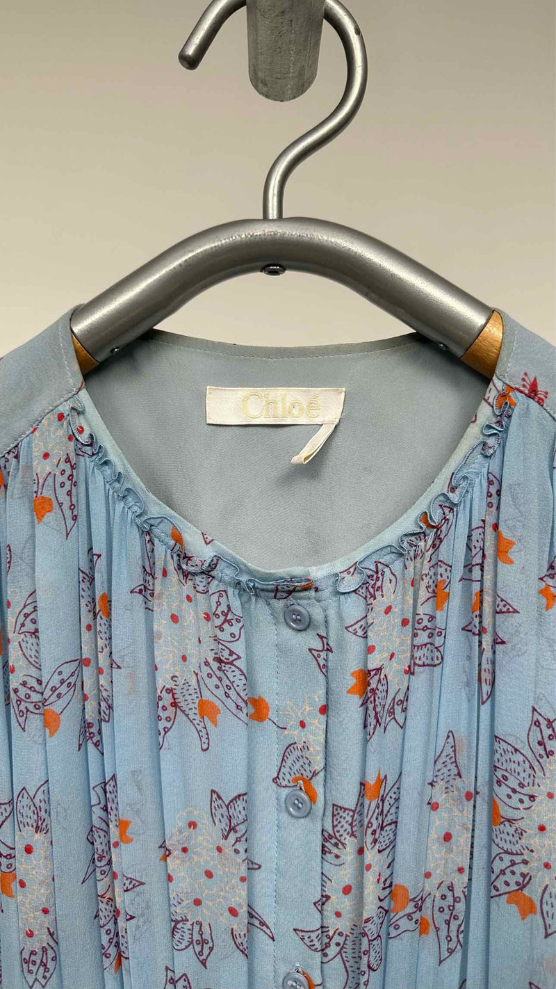 Chloé N/S Pleated Floral Silk Dress