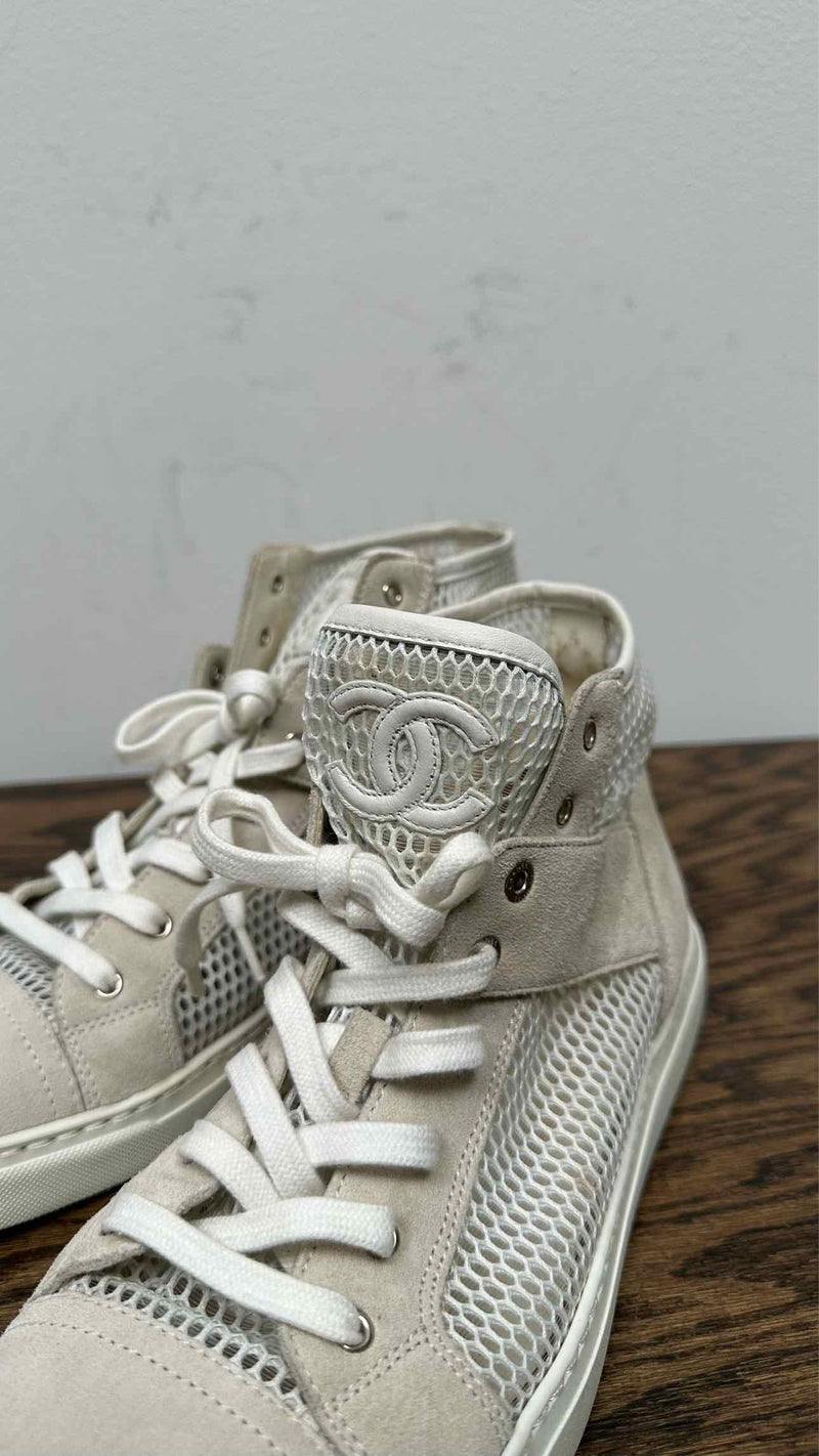 Chanel CC Logo Suede Mesh High-Top Sneakers