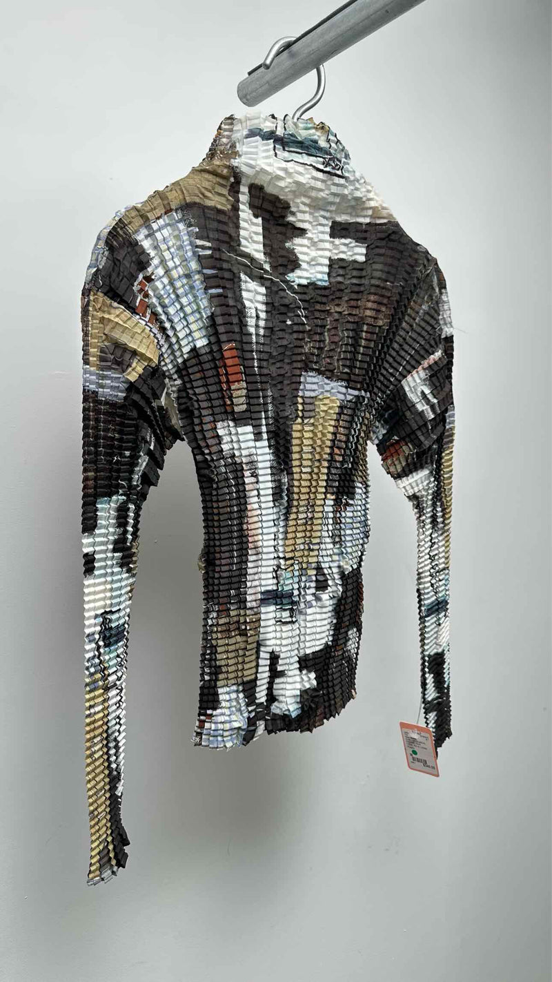 Issey Miyake L/S High-neck Printed Stretch-pleated Top
